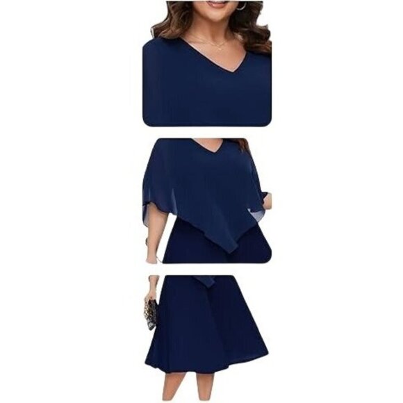 Elegant Navy Blue Chiffon Cape Overlay Dress Asymmetrical Sheath Design Size 2XL - Picture 4 of 9